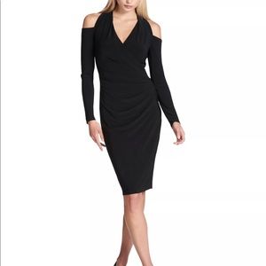 DKNY Women’s Ruched Faux Wrap Cold Shoulder Dress!